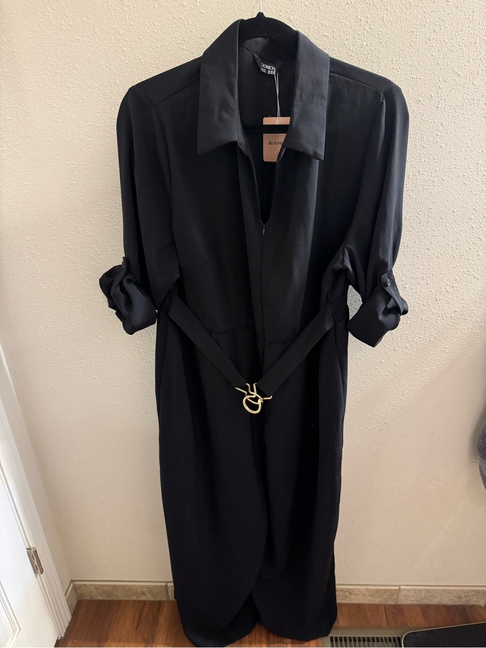 BloomChic Black Long Sleeve Belted Jumpsuit with Gold Buckle
